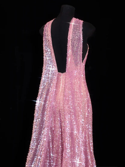 Sparkly Sequin A line Halter Pink Sequined Long Prom Dresses Inspiration Evening Gowns Formal Party Prom Dress N147