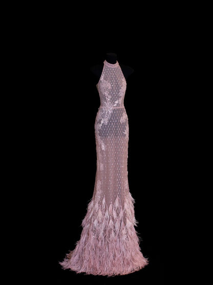 Chic Mermaid High Neck Pink Lace With Feather Appliques Inspo Formal Party Gowns Long Prom Dresses N149