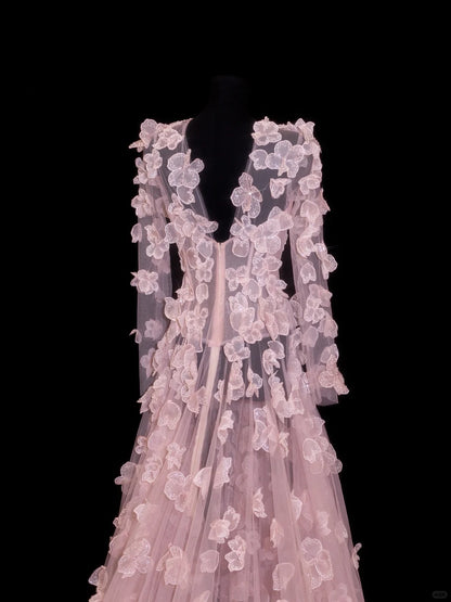 Elegant Prom Dresses A Line Scoop Pink With Long Sleeves Flowers Formal Evening Outfits N3790