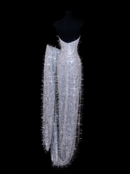 Sparkly Prom Dresses Sheath Strapless Silver Gray Sequin Evening Outfits Long Formal Dress RB3257
