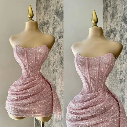 Cute Sheath Strapless Pink Sequin Mini Short Formal 8th Grade Homecoming Dresses Summer Middle School Hoco Dress N4736