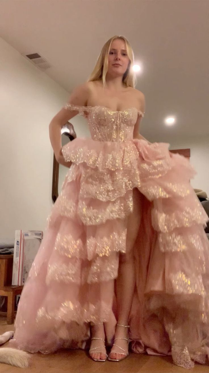Fairytale Pink Prom Dress Ball Gown Off The Shoulder Lace Layers Princess Party Evening Formal Gown RC1164