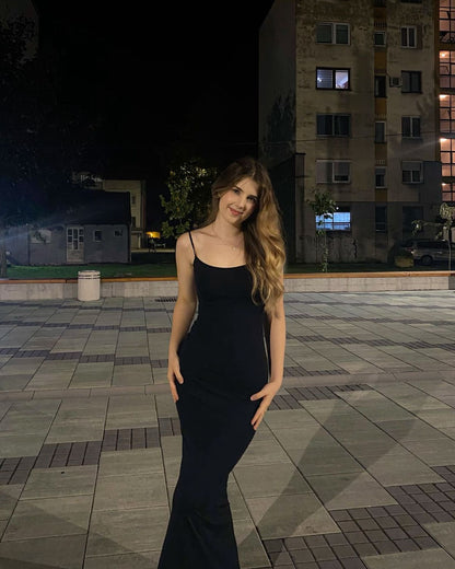 Sexy Mermaid Spaghetti Straps Black Satin Long Prom Dresses Trendy Party Dress For Women AB1525
