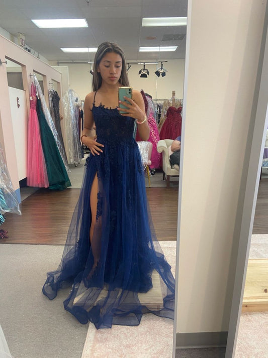 Navy Blue Halter Front Slit Spaghetti Straps A-Line Tulle Prom Dress Formal Inspo Evening Dress AB702
