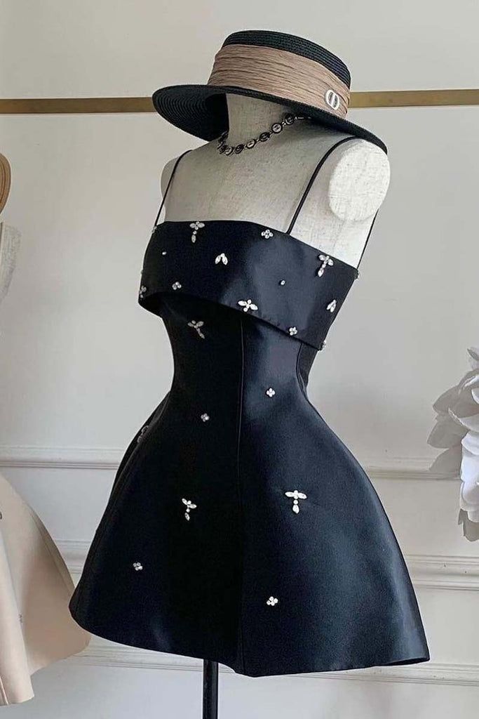 Stylish A Line Spaghetti Strap Little Black Dress Semi-formal 12th Grad Inspo Short Mini Homecoming Dresses RB4559