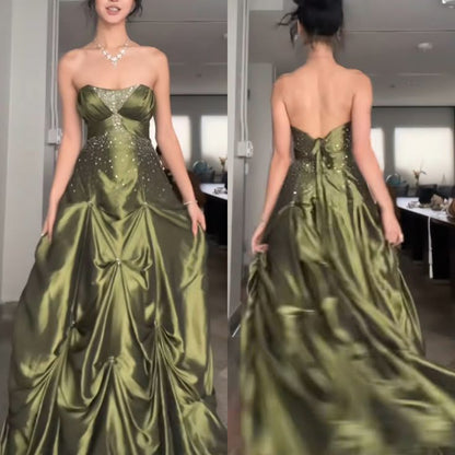 Vintage Ball Gown Strapless Olive Green Satin Taffeta 90s Prom Dresses Inspiration Party Dress Princess Graduation Dress B627