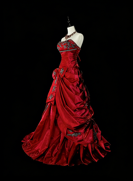 Vintage Mermaid Strapless Red With Beads Sleeveless 80s Prom Dresses Long Formal Party Gown N1473