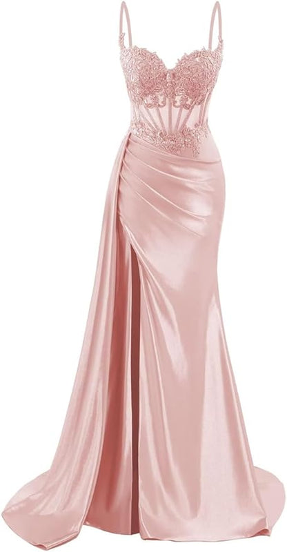 Spaghetti Strap Satin Prom Dresses Long Mermaid Lace Formal Gowns Corset Evening Party Dresses with Slit AB683