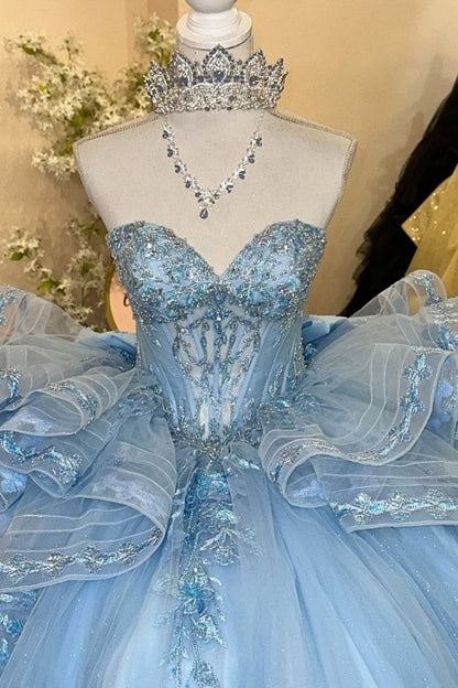 Unique Ball Gown Sweetheart Blue Tulle With Multi Layered Long Prom Quinceanera Dresses Sweet 15 16 Birthday Gown AB1237