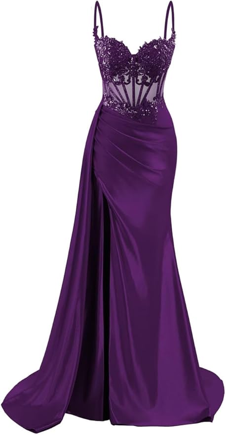 Spaghetti Strap Satin Prom Dresses Long Mermaid Lace Formal Gowns Corset Evening Party Dresses with Slit AB683