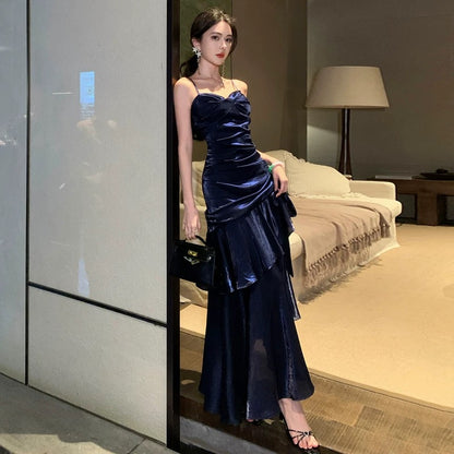 Vintage Navy Blue Exquisite Long Satin Mermaid Evening Dress Prom Dress Princess Formal Dress N780