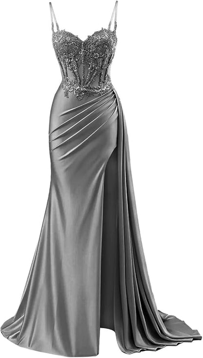 Modest Mermaid Spaghetti Straps Burgundy Slit Lace Prom Dresses Long Party Dress Birthday Outfit Teenagers Graduation Dress RB1168
