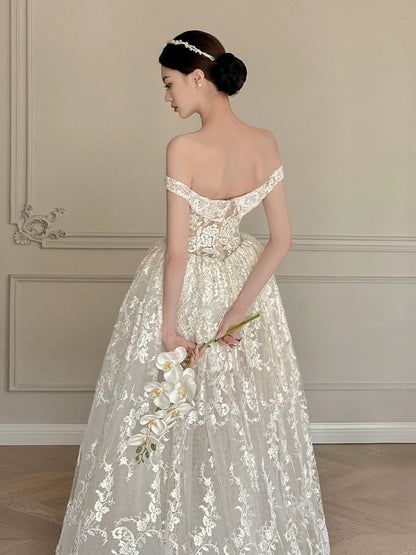 Timeless Ball Gown Off The Shoulder Lace Ivory Wedding Dress With Sleeves Fairytale Wedding Dresses AU471