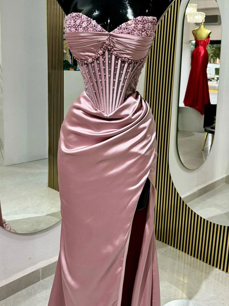 Modest Mermaid Sweetheart Pink Split Prom Dresses Inspo For Teens Formal Dress Party Outfits Prom Gowns AB064