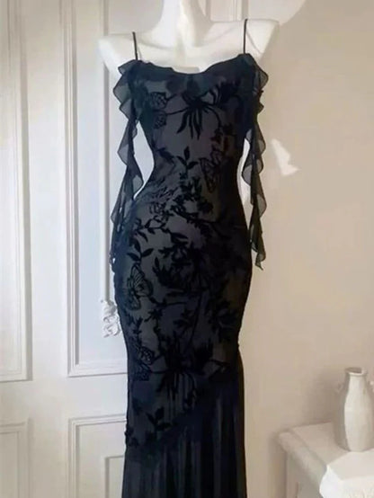 Vintage Mermaid Spaghetti Straps Black Lace Prom Dresses Formal Dress 18th Birthday Outfits Prom Gown RA076