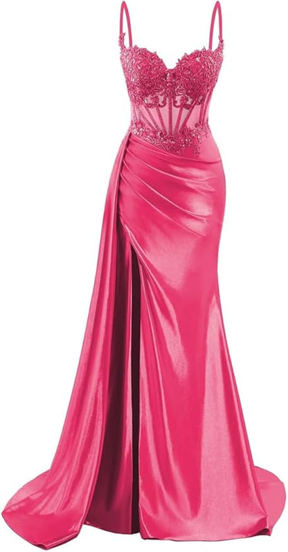 Spaghetti Strap Satin Prom Dresses Long Mermaid Lace Formal Gowns Corset Evening Party Dresses with Slit AB683