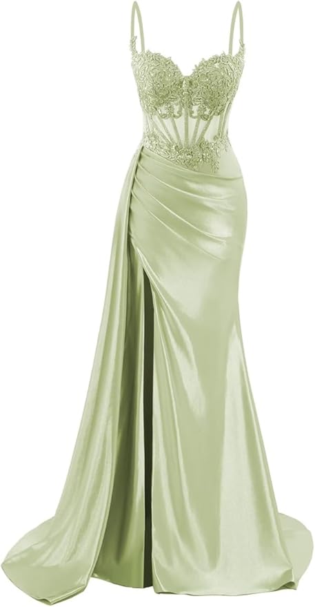 Spaghetti Strap Satin Prom Dresses Long Mermaid Lace Formal Gowns Corset Evening Party Dresses with Slit AB683