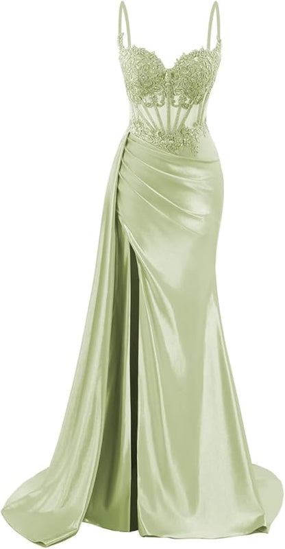 Spaghetti Strap Satin Prom Dresses Long Mermaid Lace Formal Gowns Corset Evening Party Dresses with Slit AB683