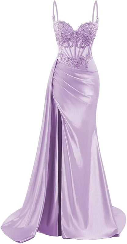 Spaghetti Strap Satin Prom Dresses Long Mermaid Lace Formal Gowns Corset Evening Party Dresses with Slit AB683