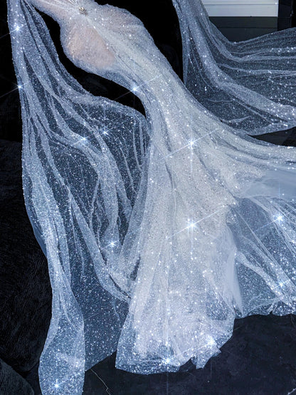 Dreamy Mermaid Long Sleeves Sequin White Fitted Wedding Dress Shiny Bridal Gowns Wedding Dresses DH2902