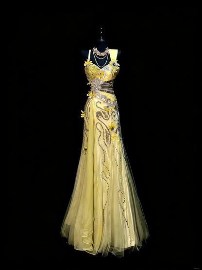 Modest Mermaid Sweetheart Yellow Chiffon With Beaded Bodice College Formal Outfit Long Prom Graduation Dresses For Teens N1191