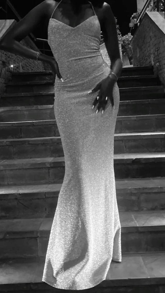 Elegant Mermaid Halter Silver Sequin Long Evening Dress Semi Prom Formal Gown N602