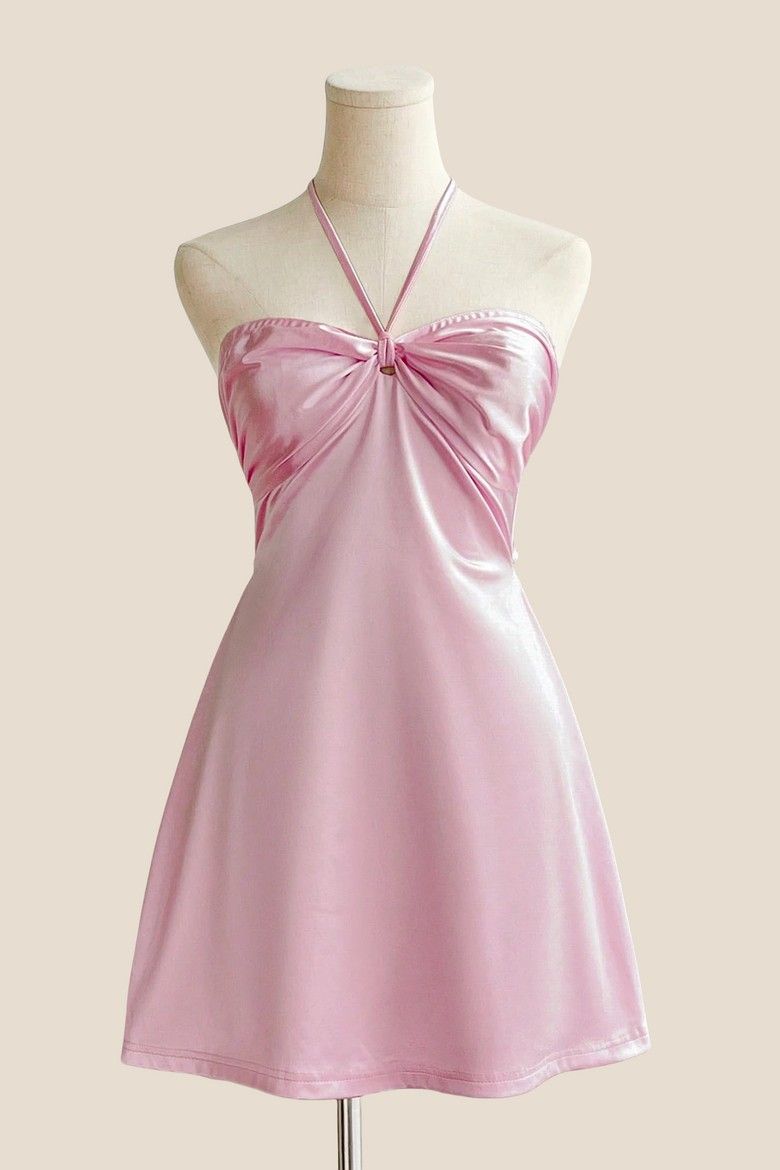 Senior homecoming dress, cute short prom dresses inspo pink satin halter Birthday Cocktail Ideas Outfits RB8324