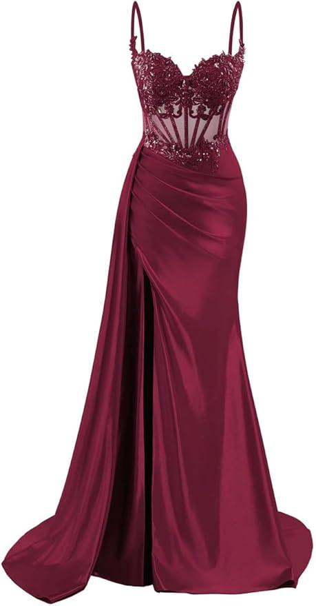Spaghetti Strap Satin Prom Dresses Long Mermaid Lace Formal Gowns Corset Evening Party Dresses with Slit AB683