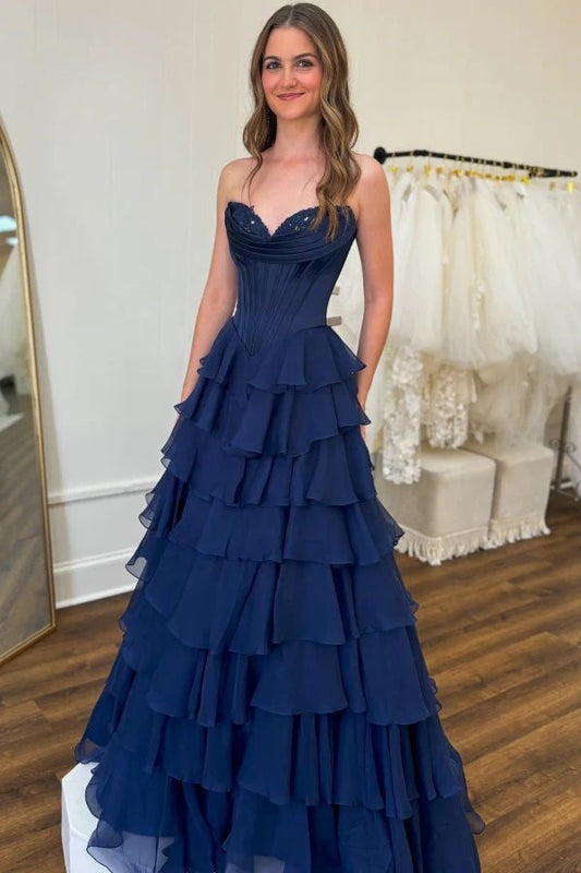 Classy Ball Gown Sweetheart Navy Blue Chiffon Prom Dresses Party Dress 20th Birthday Outfits Graduation Dress RB871