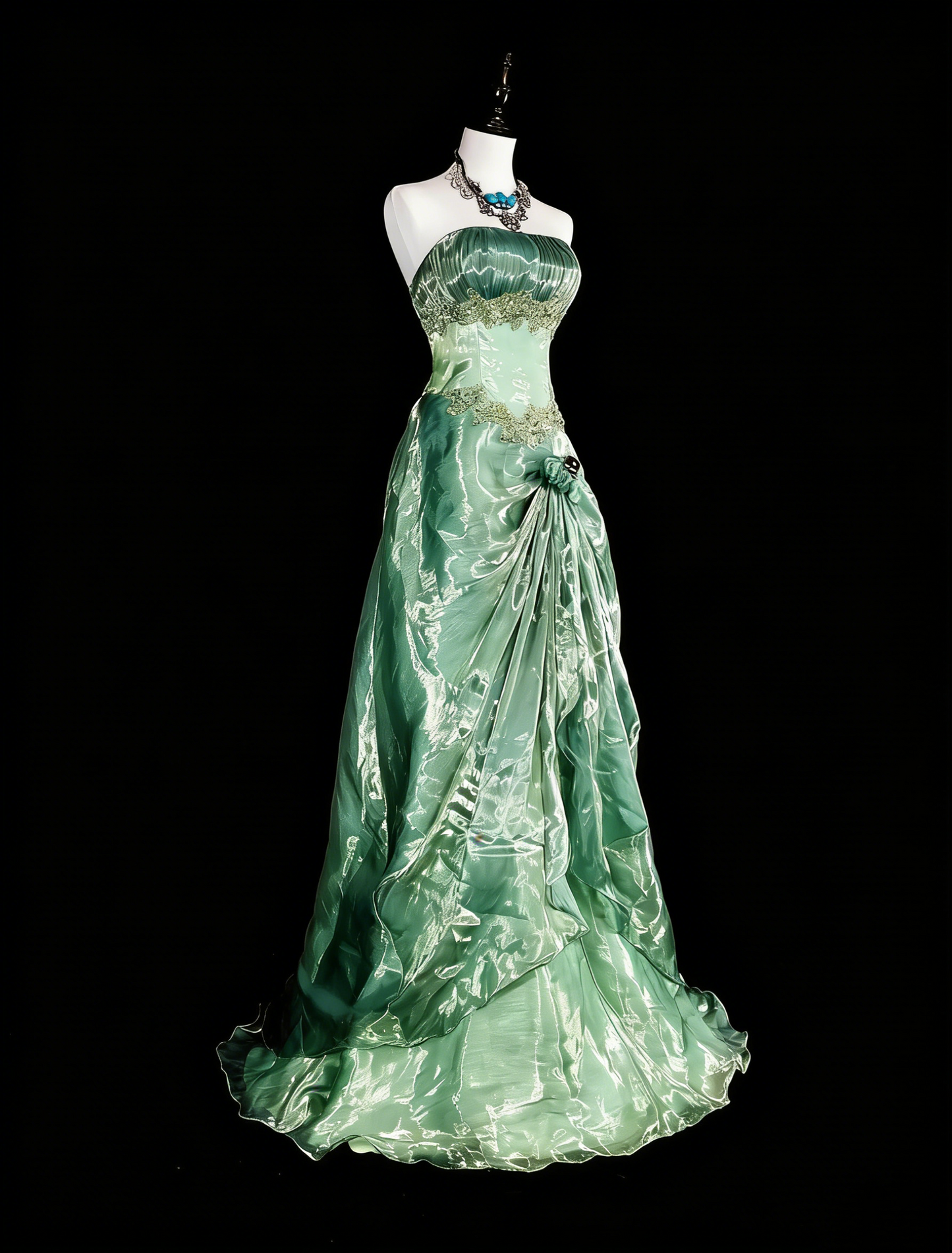 Vintage Prom Dresses Ball Gown Strapless Green With Gold Lace Ruffle 1980s Long Formal Gown N2715