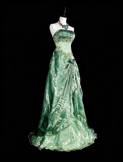 Vintage Prom Dresses Ball Gown Strapless Green With Gold Lace Ruffle 1980s Long Formal Gown N2715