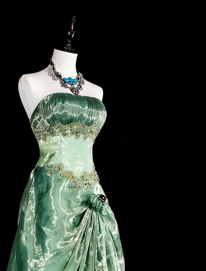 Vintage Prom Dresses Ball Gown Strapless Green With Gold Lace Ruffle 1980s Long Formal Gown N2715