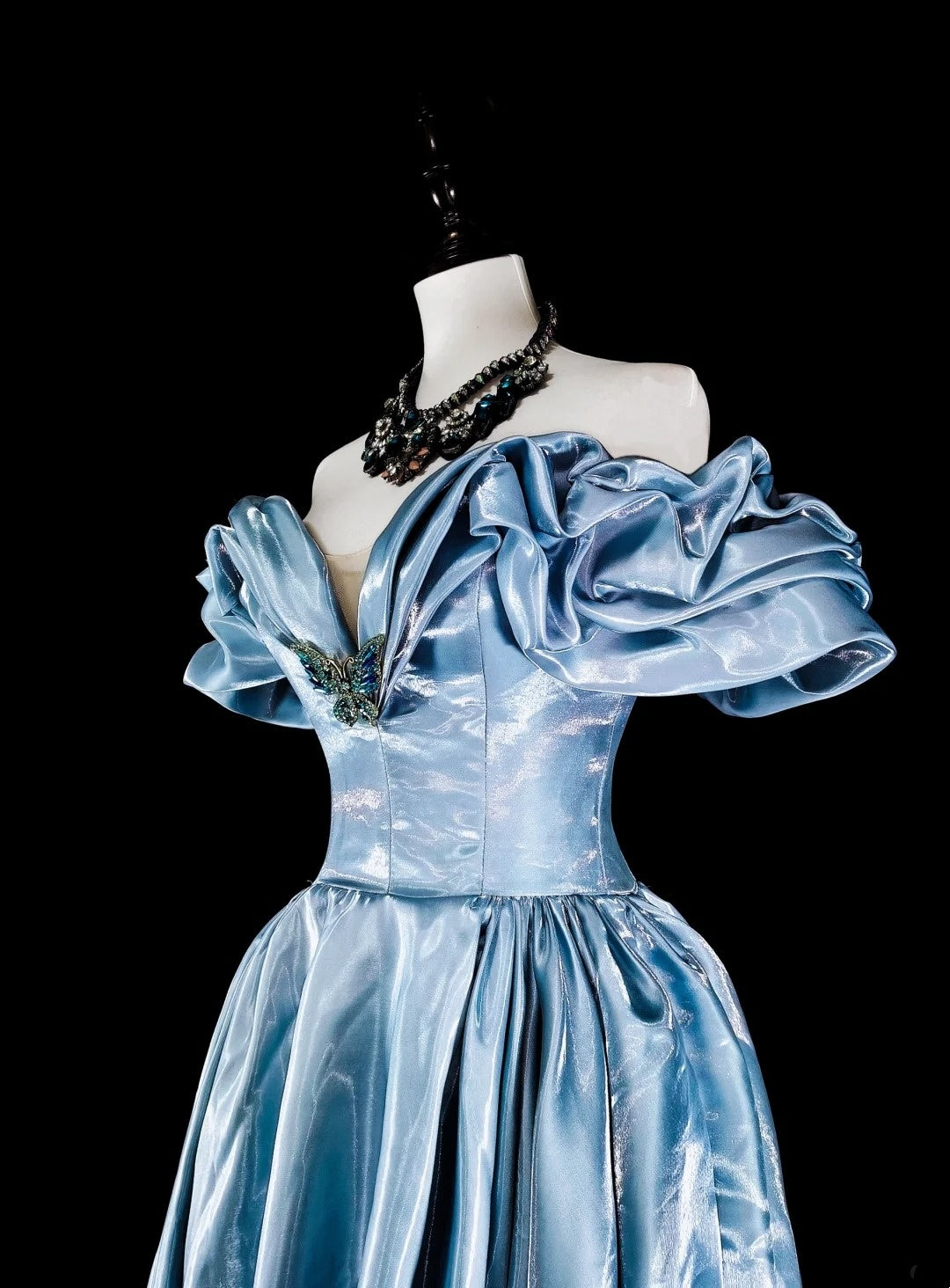 Dreamy Prom Dresses Aesthetic 80s Retro Off The Shoulder Light Blue Long Formal Outfits N2363