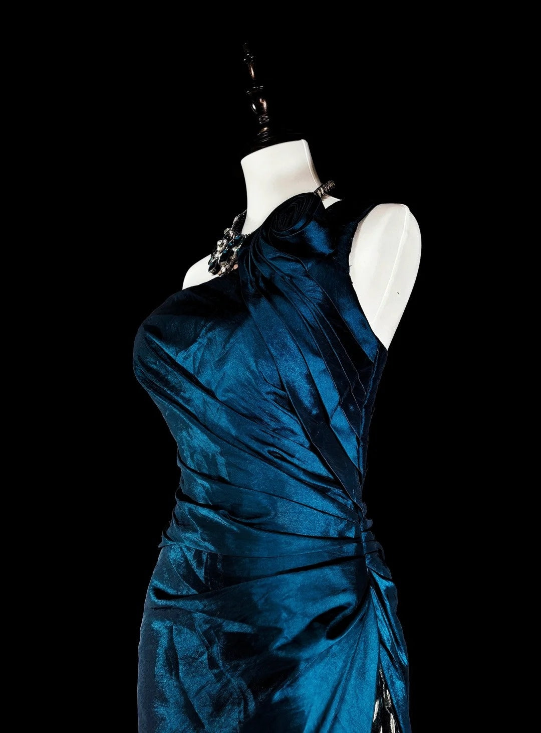 Vintage Prom Dresses Mermaid One Shoulder Navy Blue Satin With Beads Lace Long Party Dress N2371