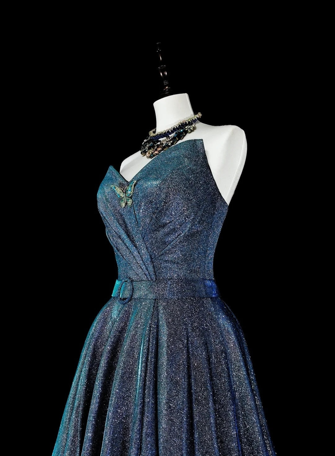 Vintage Ball Gown Sweetheart Navy Blue 70s Sequins Long Prom Gown Party Wear Dresses N1832