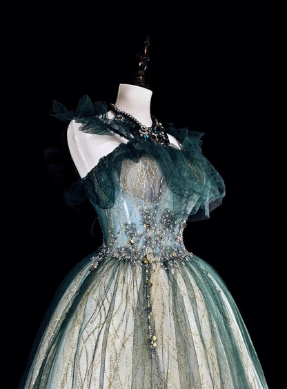 Vintage Prom Dresses Ball Gown Straps Green Tulle With Ruffle 1980s Long Formal Gown N2712