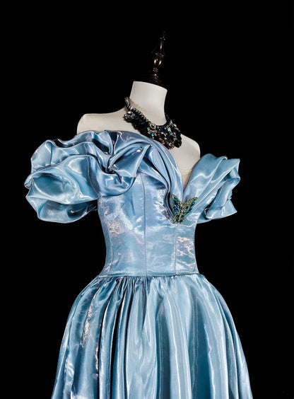 Dreamy Prom Dresses Aesthetic 80s Retro Off The Shoulder Light Blue Long Formal Outfits N2363