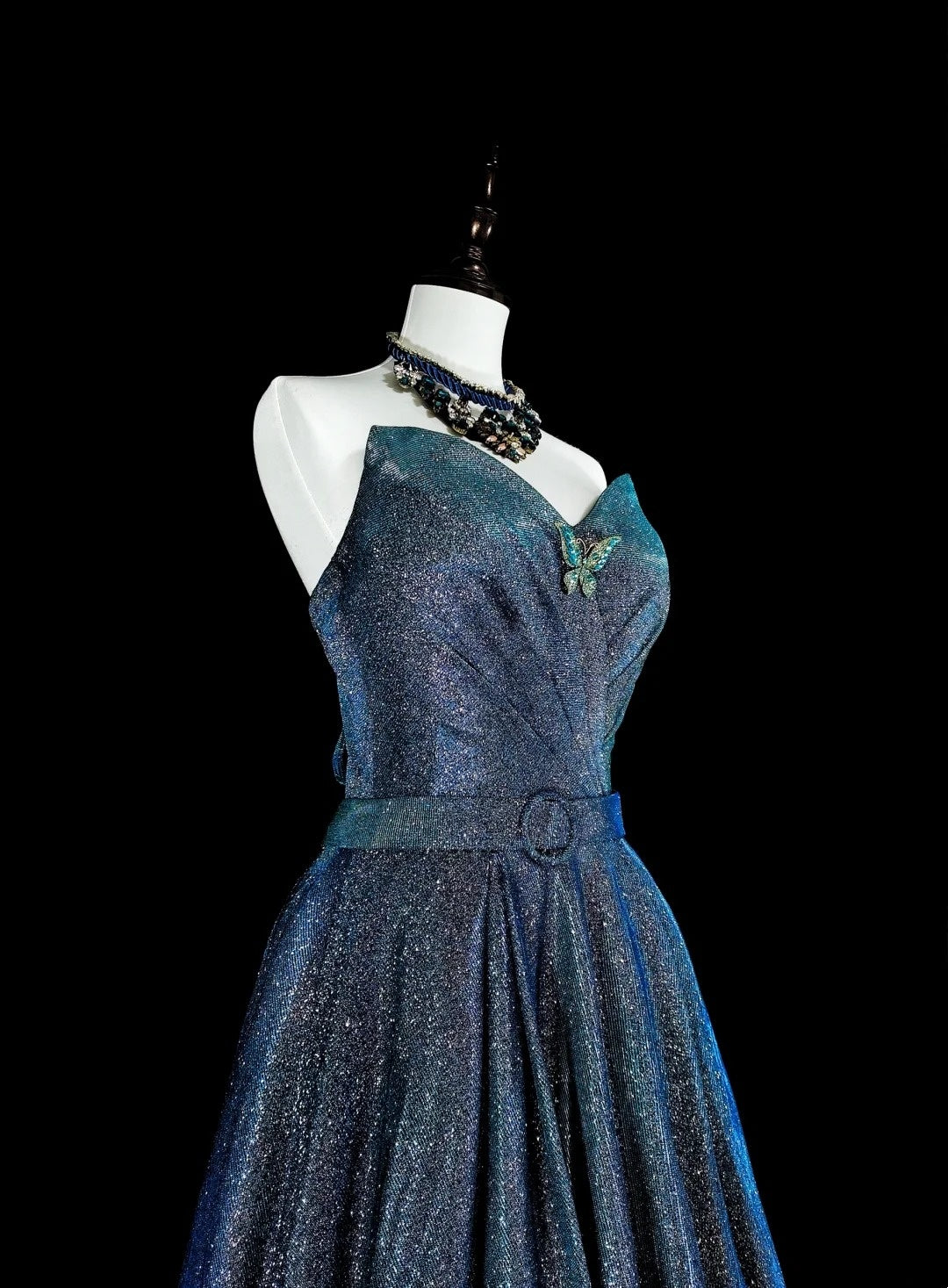 Vintage Ball Gown Sweetheart Navy Blue 70s Sequins Long Prom Gown Party Wear Dresses N1832