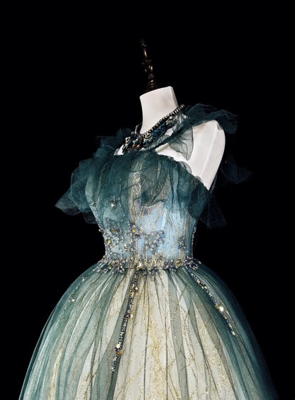 Vintage Prom Dresses Ball Gown Straps Green Tulle With Ruffle 1980s Long Formal Gown N2712