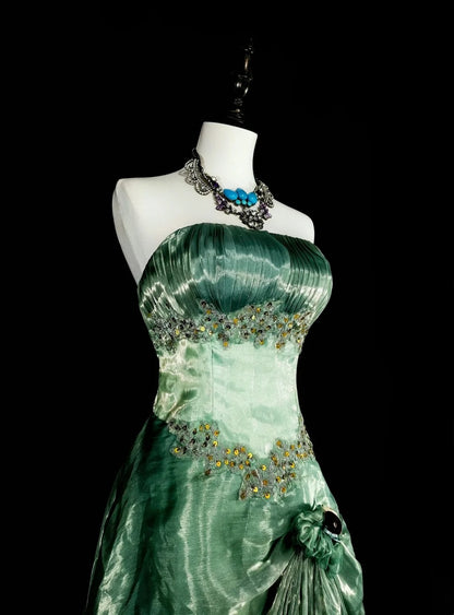 Vintage A Line Strapless Sage Green 70s Organza Long Prom Gown Party Wear Dresses N1835