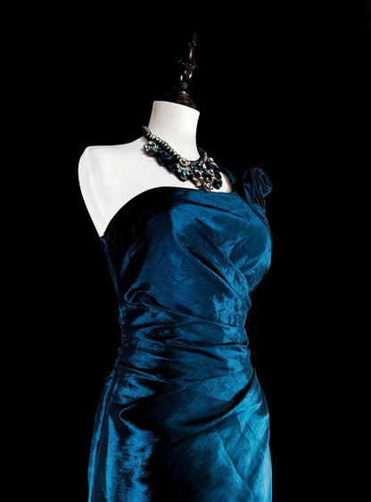 Vintage Prom Dresses Mermaid One Shoulder Navy Blue Satin With Beads Lace Long Party Dress N2371