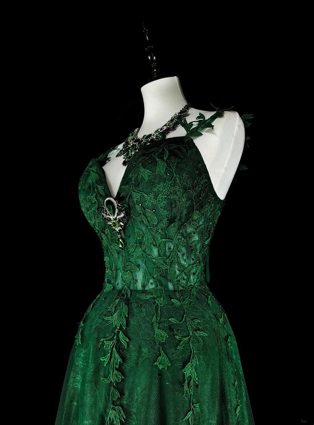 Modest A line Spaghetti Straps Dark Green Tulle With Appliques Long Prom Gown Party Wear Dresses N1847
