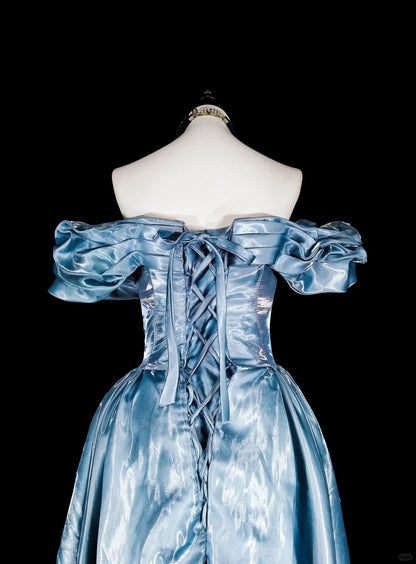 Dreamy Prom Dresses Aesthetic 80s Retro Off The Shoulder Light Blue Long Formal Outfits N2363