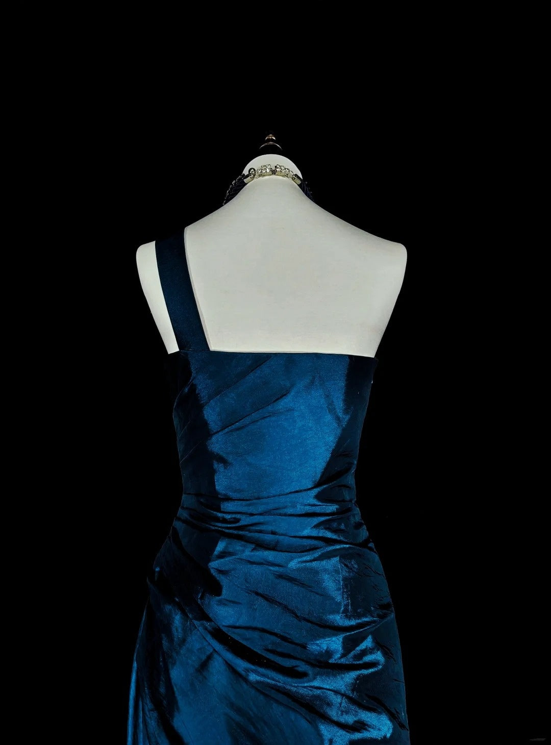 Vintage Prom Dresses Mermaid One Shoulder Navy Blue Satin With Beads Lace Long Party Dress N2371
