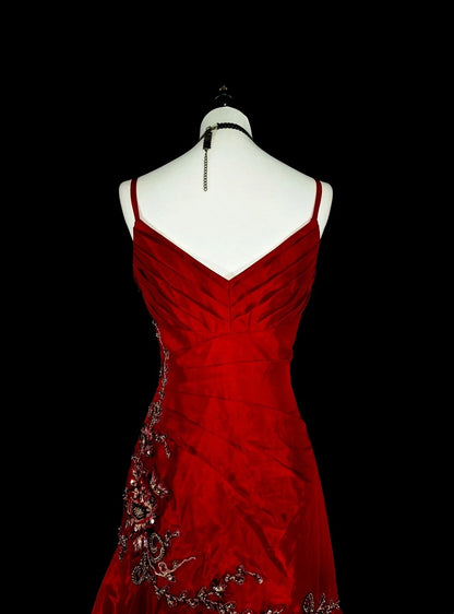 Vintage Mermaid Spaghetti Strap Red With Lace Appliques Beadings Long Prom Gown Party Wear Fashion Dresses N1828