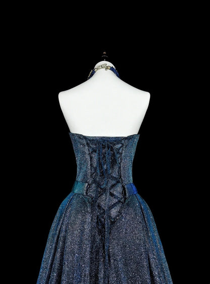 Vintage Ball Gown Sweetheart Navy Blue 70s Sequins Long Prom Gown Party Wear Dresses N1832
