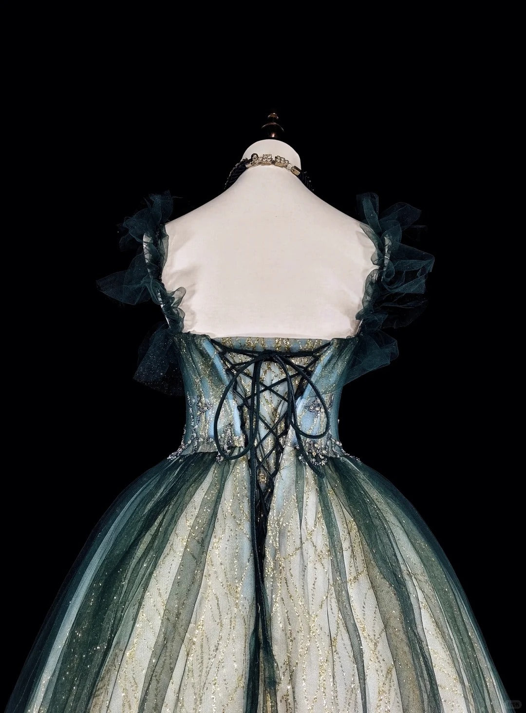 Vintage Prom Dresses Ball Gown Straps Green Tulle With Ruffle 1980s Long Formal Gown N2712