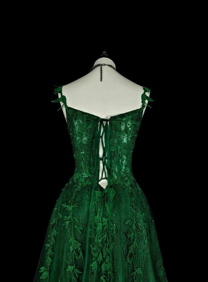 Modest A line Spaghetti Straps Dark Green Tulle With Appliques Long Prom Gown Party Wear Dresses N1847