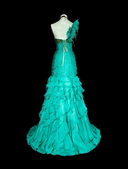 Vintage Mermaid One Shoulder Chiffon Green 70s With Pleated Beads Long Prom Gown Party Wear Dresses N1841