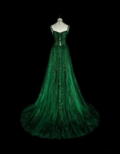 Modest A line Spaghetti Straps Dark Green Tulle With Appliques Long Prom Gown Party Wear Dresses N1847
